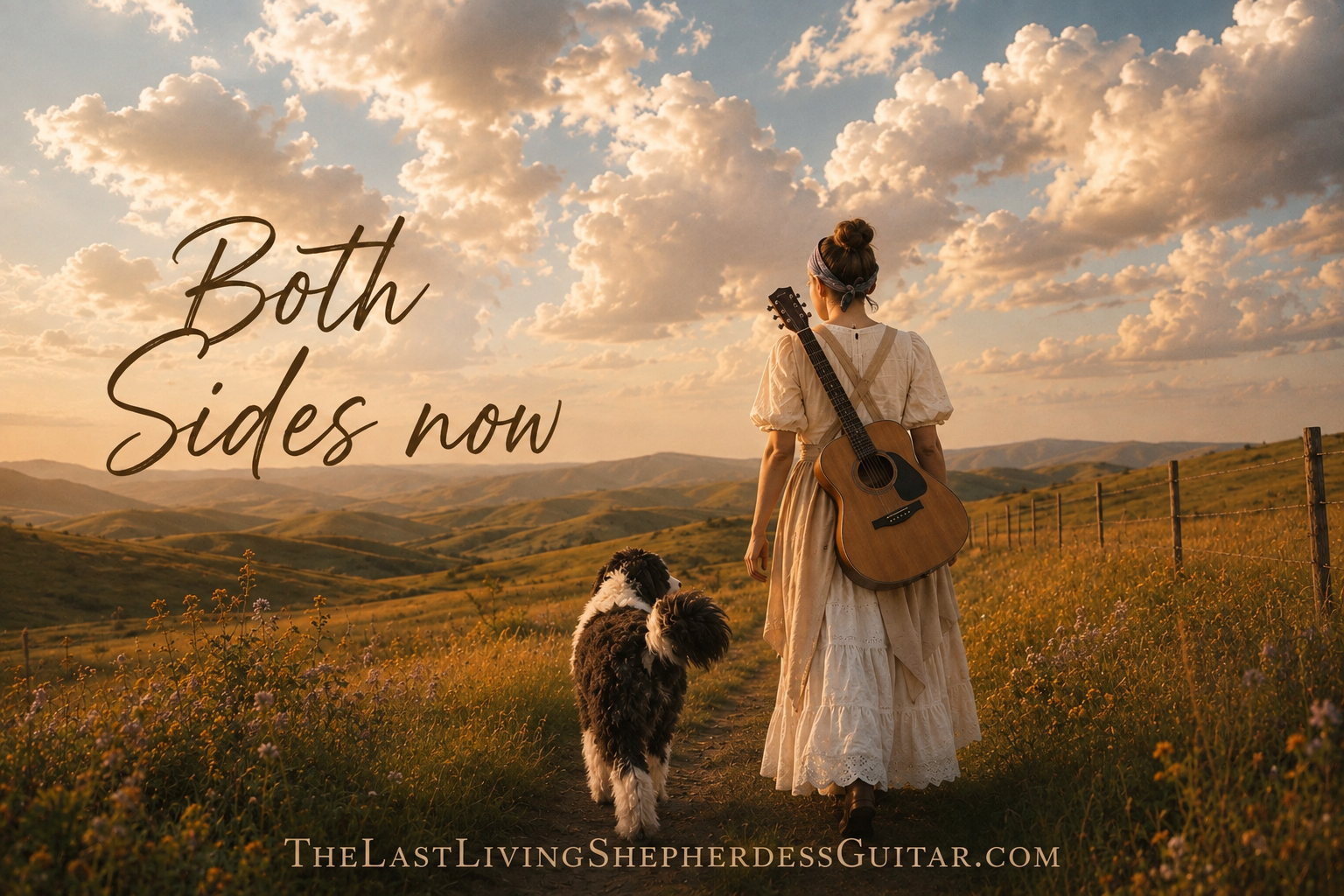A shepherdess in a cream dress walks into a golden sunset hillside with her guitar and her dog, with the words Both Sides Now written across the sky.