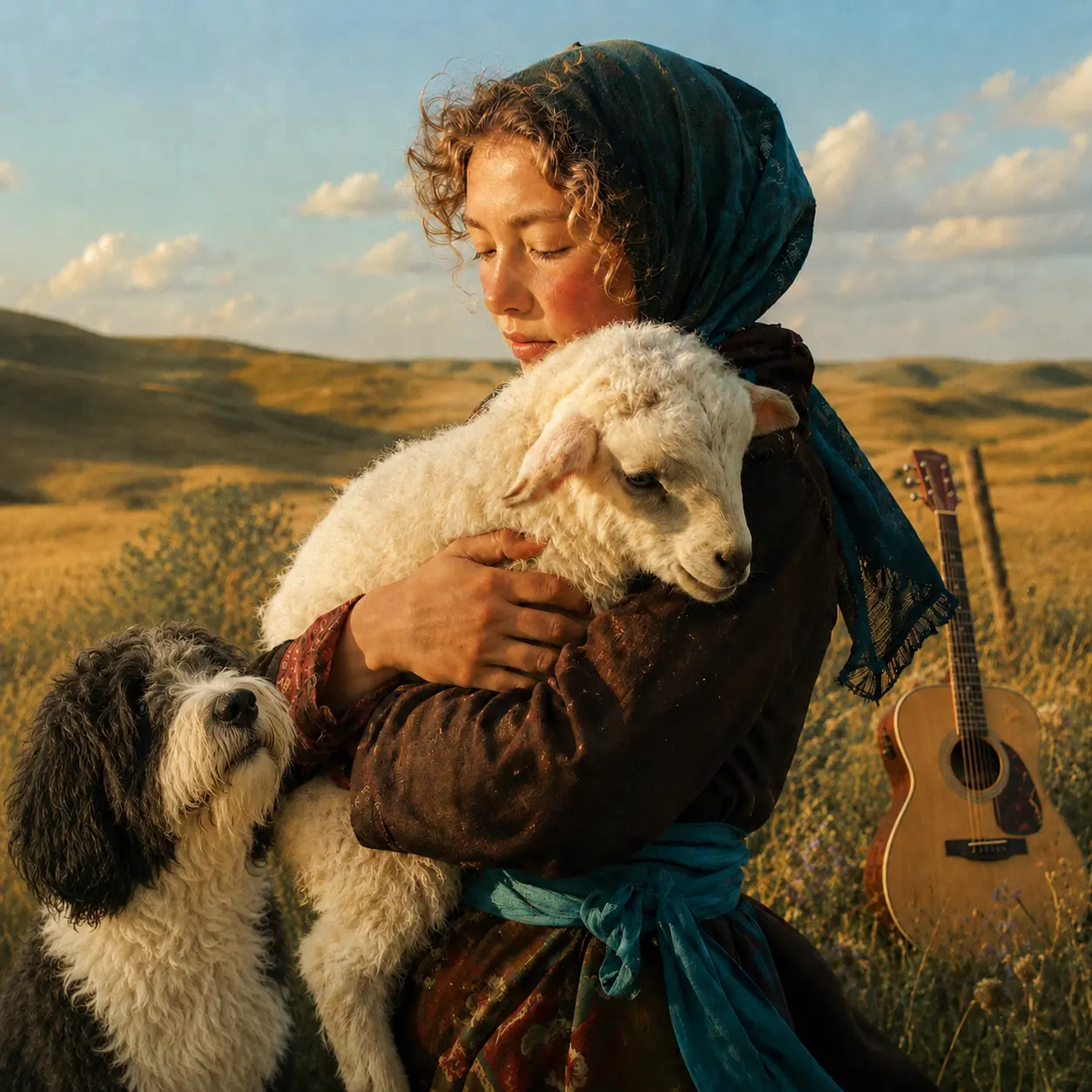 Avigail holding a lamb on the prairie with her sheepdog and guitar nearby