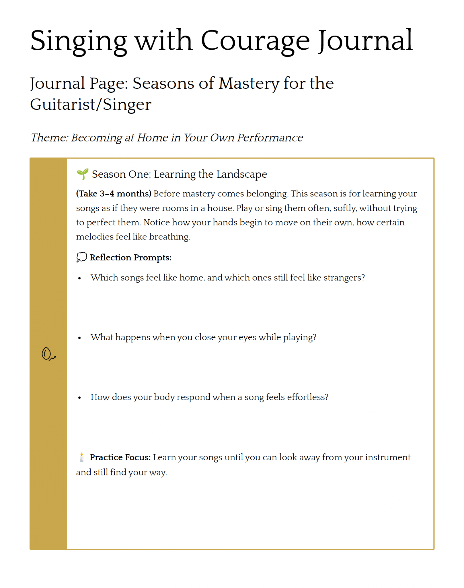 Singing with Courage Journal exercise about seasons of mastery for the guitarist and singer