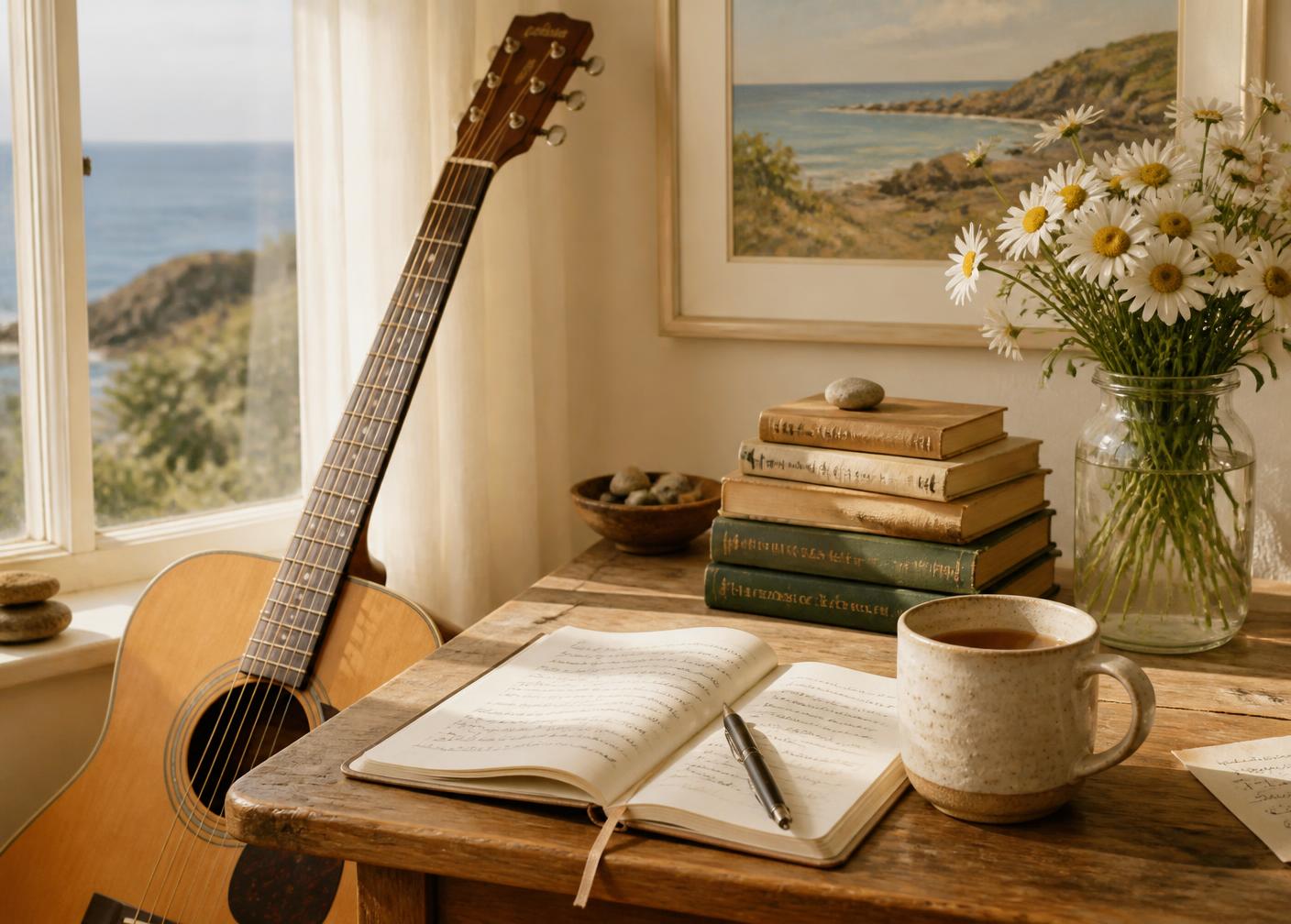 A guitar, songbook, tea and daisies on a sunlit table by the sea